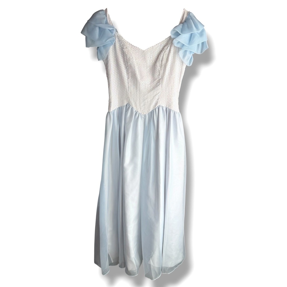 Vintage Sequin Ruffle Cinderella Dress Small Blue White Fairycore Costume 80s